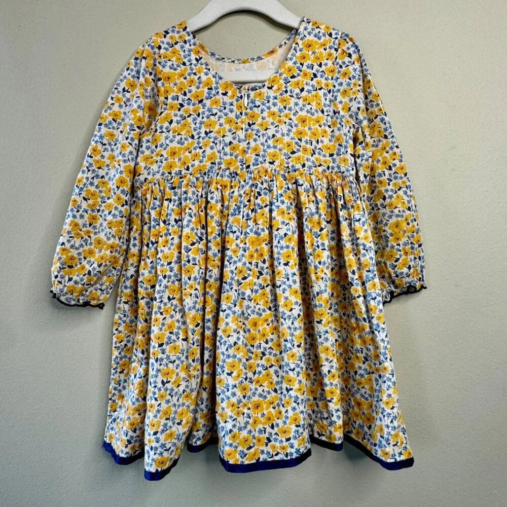 PINK CHICKEN Amma Dress Girls 4T 4 Golden Ditsy Floral Yellow Blue Spring Cotton - Picture 2 of 9